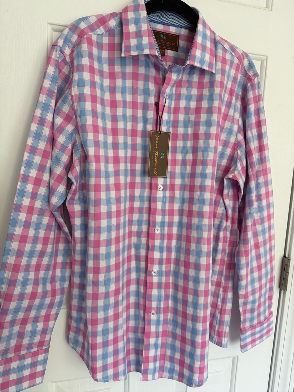 James Tattersall London Mens 15.5 Medium Pink Blue Plaid Dress Shirt NWT